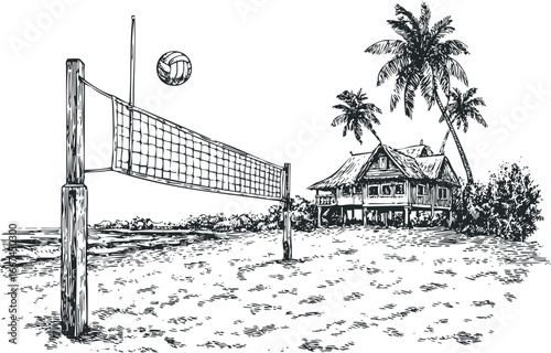 Tropical beach vacation scene with volleyball net and stilted bungalow