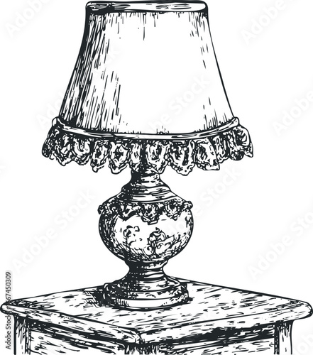 Detailed Sketch of Ornate Table Lamp on Wooden Surface
