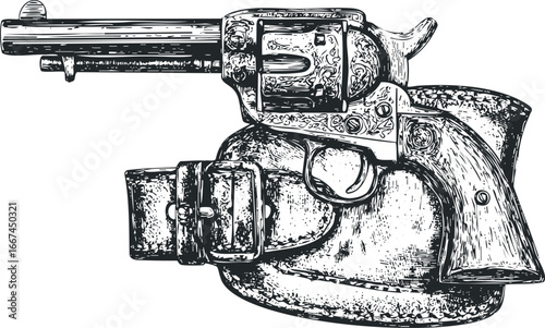 Engraved Revolver and Leather Holster on White Background