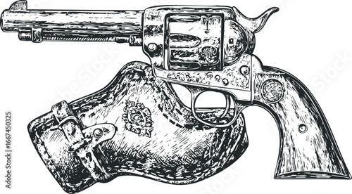Antique revolver resting in a decorative holster