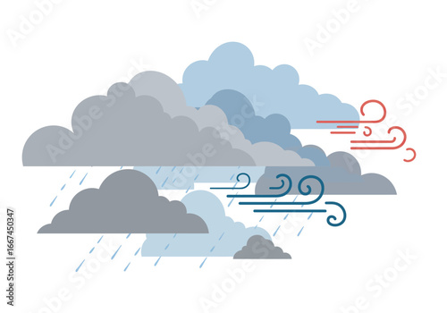 Stormy Weather Illustration: Rain Clouds Wind and Precipitation.