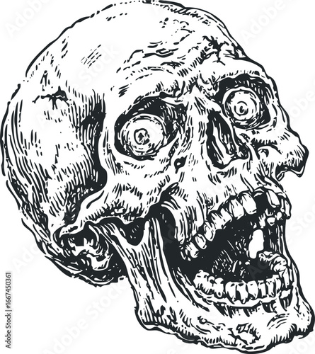 Detailed Hand Drawn Skull with Open Mouth and Empty Eyesockets