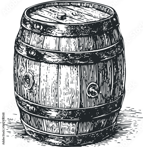 Vintage wooden barrel with metal bands and bung hole