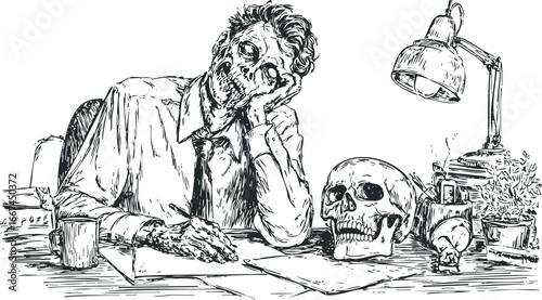 Undead figure in formal wear writing at a desk with a skull and lamp