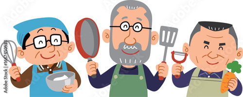 楽しそうに調理道具を持つ3人のシニア男性の上半身