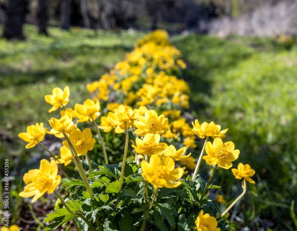 Obraz premium A vibrant display of bright yellow flowers arranged in a linear pattern across a grassy field.