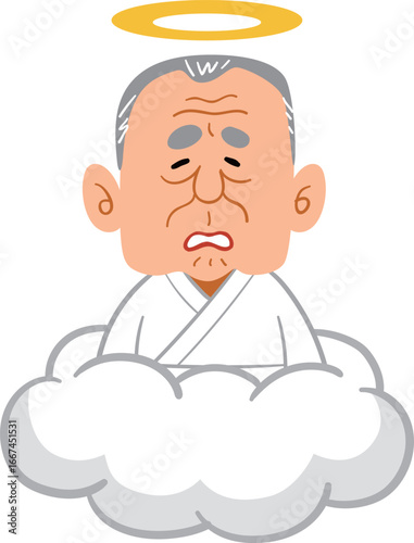 天国で不満そうな表情をするおじいちゃん
