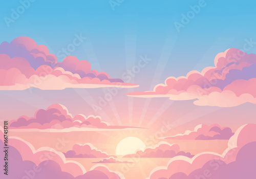 Pastel Pink Sunrise Sky with Fluffy Clouds.