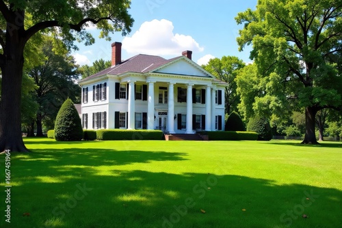 Majestic antebellum plantation house, white columns, sprawling lawn, lush green landscape, sunny day Perfect for historical, southern, architectural, estate themes , grass, building