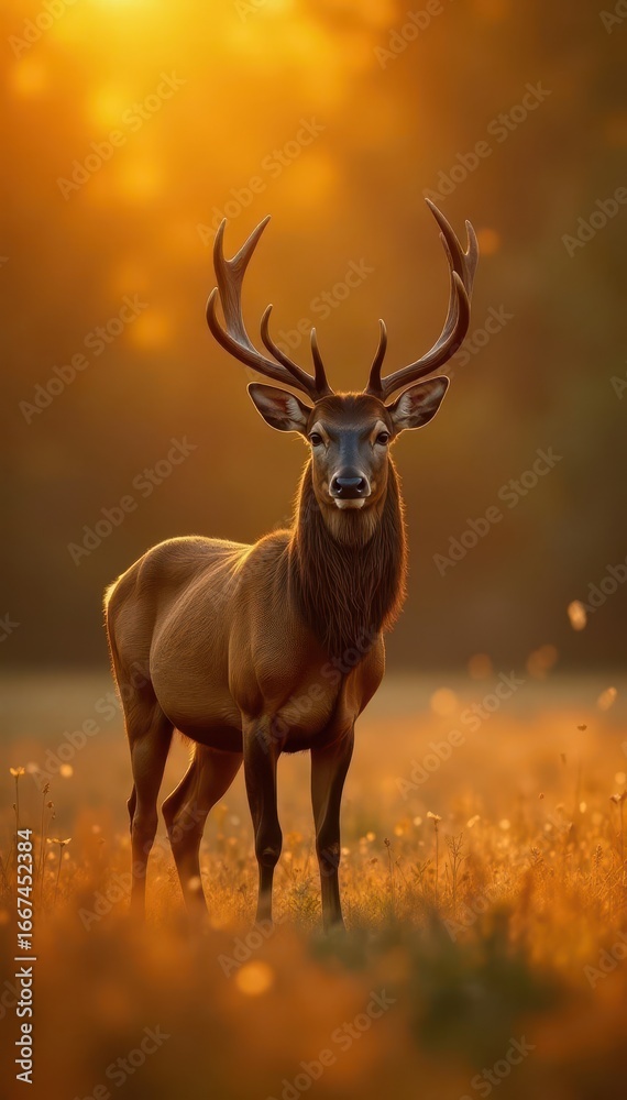 Obraz premium Majestic red deer stag basking in golden sunlight , park, countryside, red deer