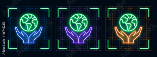 Preserve Globe ecosystem icon illustration, ecology green environment vector symbol collection, cyber neon visual, glowing borders frames.