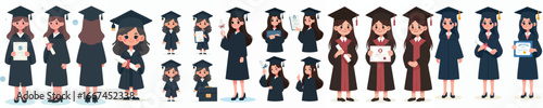 Female Graduate Vector Characters in Cap and Gown with Diplomas