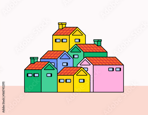 Stacked colorful houses with red rooftops and chimneys cartoon illustration vector