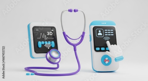 Modern Telehealth: Purple Stethoscope Linking ECG Tablet and Mobile Medical App for Digital Healthcare Connectivity