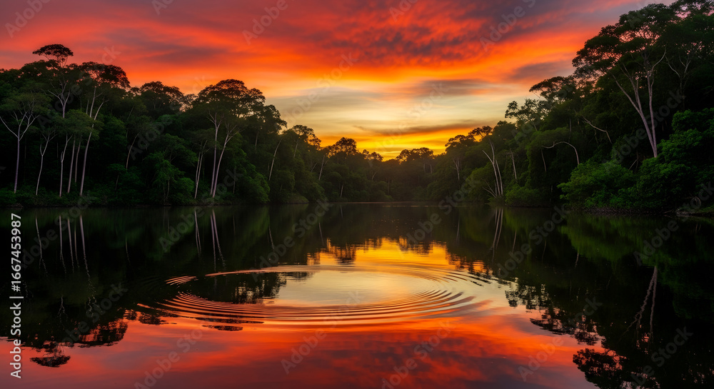 Obraz premium Reflection of a sunset by a lagoon inside the Amazon Rainforest Basin. The Amazon river basin comprises the countries of Brazil, Bolivia, Colombia, Ecuador, Guyana, Suriname, Peru and ...