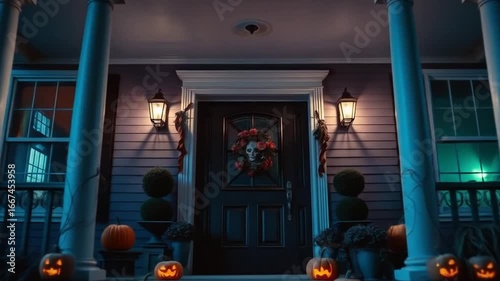 Front porch decorated with pumpkins and Halloween lanterns. Scary haunted house. 4k video