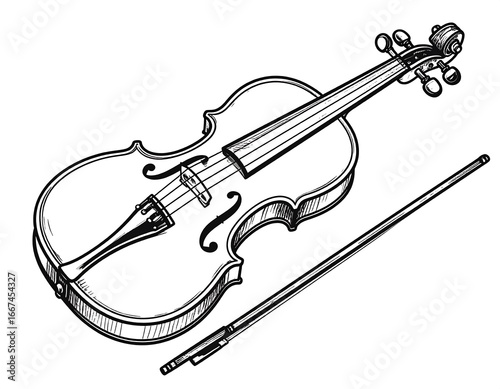Black and white drawing of a violin