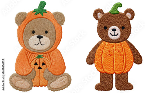 Cute embroidered teddy bears dressed in pumpkin costumes, perfect for Halloween decorations. left bear features orange pumpkin outfit with jack o lantern, while right bear has pumpkin shaped body