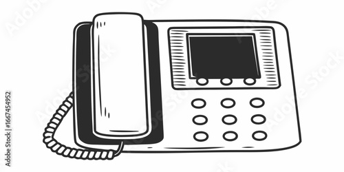 Illustration of a desk phone with a handset, screen, buttons, and a coiled cord in black and white