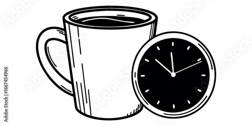 Illustration of a coffee mug with dark liquid and a clock showing the time in black and white style