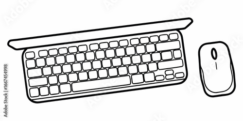 A minimalist line drawing of a computer keyboard and mouse on a white background in black outline style