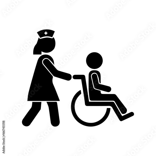 Silhouette of nurse pushing patient in wheelchair, black stickman icon, simple minimal design for healthcare, hospital service, medical care, disability assistance, and nursing support vector illustra