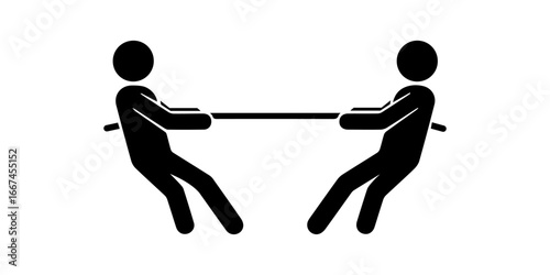 Silhouette of two stickman figures playing tug of war, pulling rope in opposite directions, black minimalist icon design for competition, teamwork, challenge, and sports activity vector illustration.