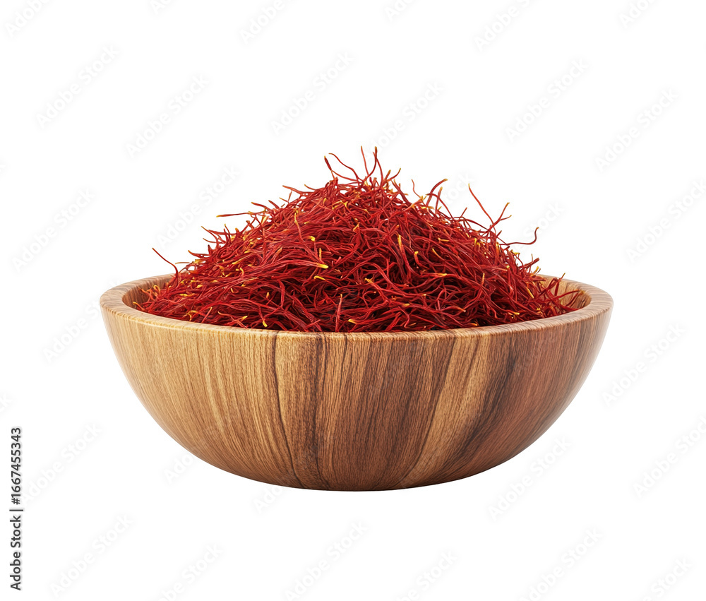 Fototapeta premium Saffron threads in wooden spoon, isolated on white background close-up