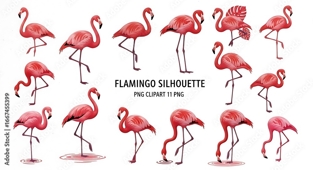 Obraz premium Collection of Pink Flamingo Silhouettes in Various Poses and Styles flamingos bird