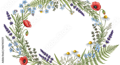 Watercolor floral wreath with lavender poppies and forget me nots
