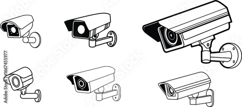 Various Security Camera Illustrations in Black and White Line Art Style.