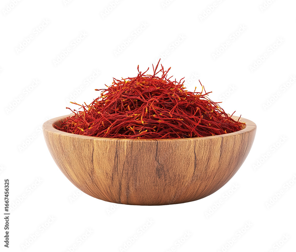 Fototapeta premium Saffron threads in wooden spoon, isolated on white background close-up