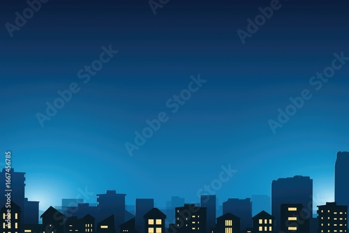 Simple cityscape silhouette at blue hour with illuminated streetlights, calm night atmosphere, modern urban tranquility