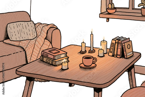 Cozy home lifestyle doodle (books, tea, blanket, candles).