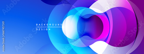 Abstract circles overlap, creating vibrant blue, purple gradients. Modern design suggests fluidity, energy, innovation. Background feels dynamic, captivating.