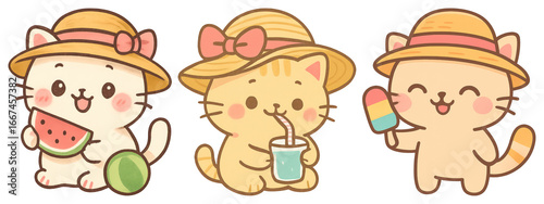 PNG Cute cats enjoying summer treats, element set on transparent background