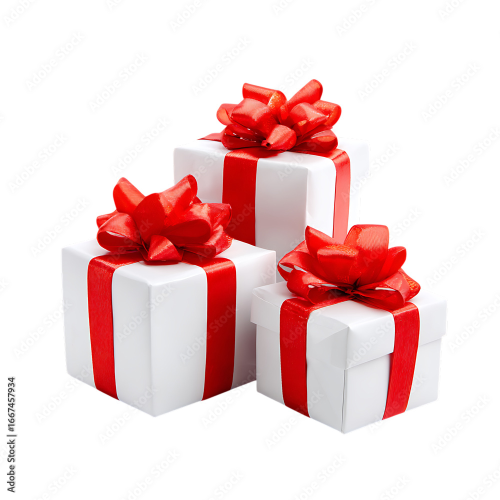 Obraz premium Wrapped gift boxes with red bows, isolated on white background.