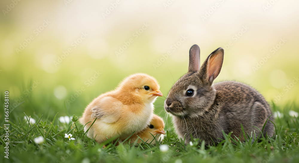 Fototapeta premium Chick and rabbit interacting on green grass in soft sunlight 
