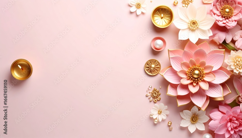 Obraz premium Elegant Floral Arrangement with Candles and Pearls on a Soft Pink Background
