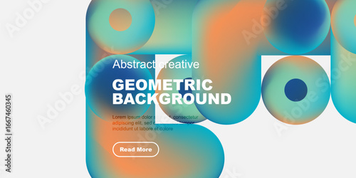 Abstract geometric background features vibrant overlapping shapes. Text includes title, sample text, button. Modern design, clean aesthetic.