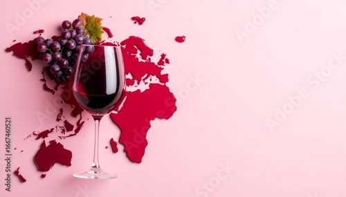 Abstract flat lay composition with spilled wine forming a world map