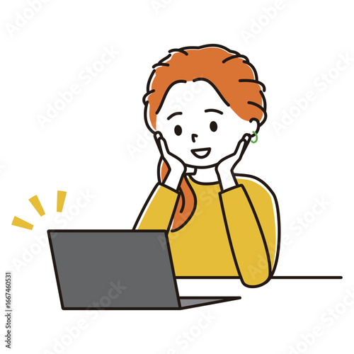 ノートパソコンで動画を視聴する女性　笑顔　