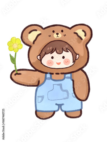 Cute chibi boy in bear costume holding yellow flower