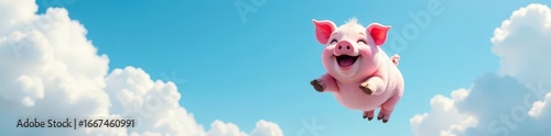 Joyful pink pig soars, fluffy clouds, bright blue sky, cartoon, vector, childlike