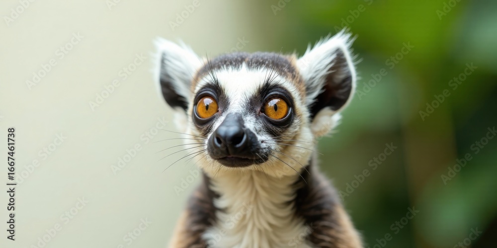 Fototapeta premium A curious ring-tailed lemur with striking orange eyes gazes upward, its inquisitive expression capturing attention against a softly blurred natural backdrop.
