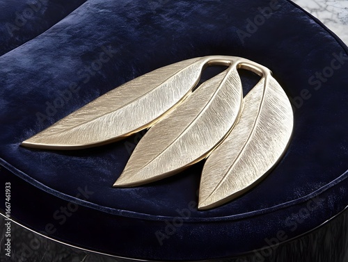 Elegant Gold Leaf Decor on Navy Velvet Ottoman