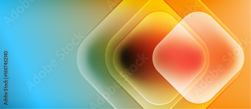 Abstract geometric shapes blend vibrant colors. Rounded squares overlap creating soft gradients, blue transitions to orange. Modern design.