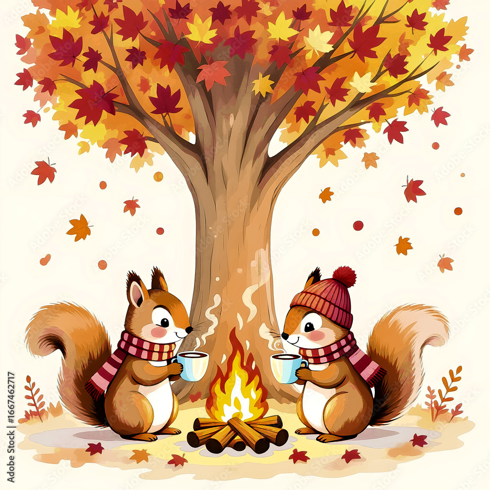 Naklejka premium cartoon two squirrels with mugs of hot tea near autumn tree with fire