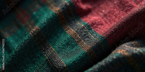 Close-up view of richly textured fabric with interwoven teal, burgundy, and gold threads exhibiting a dramatic, luxurious drape