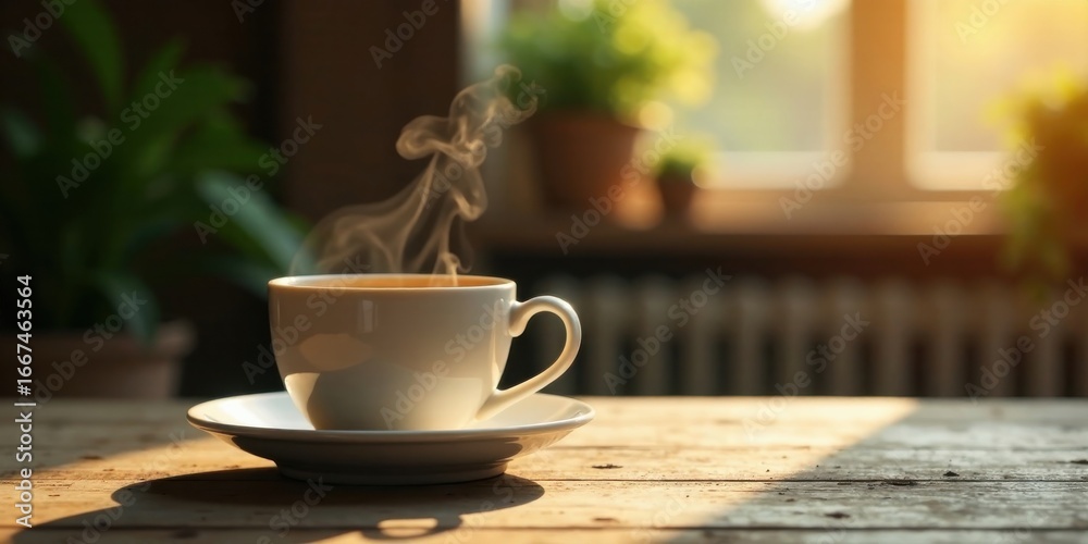 Obraz premium Aromatic Steam Rising from a Warm Cup of Coffee on a Rustic Wooden Table in the Soft Morning Sunlight